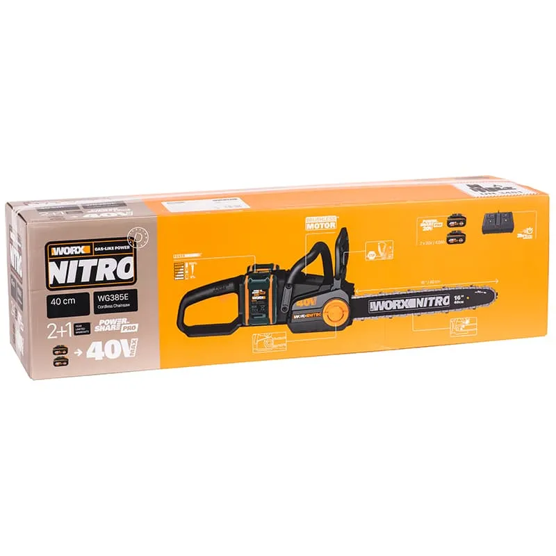 Пила цепная компактная WORX NITRO WG385E 40V 40см аккумуляторная бесщеточная — детальное фото