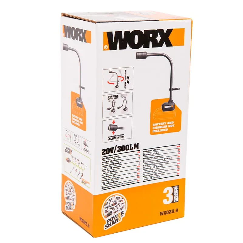 Гибкий фонарь WORX WX028 20V 300лм аккумуляторный — детальное фото